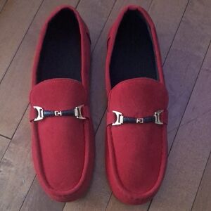 Vibrant Red Suede Slip-On Loafers with Silver Accent